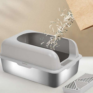 Extra - Large Semi - Enclosed Stainless Steel Litter Box with Splash Guard Design | Higooga