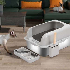 Extra - Large Semi - Enclosed Stainless Steel Litter Box with Splash Guard Design | Higooga