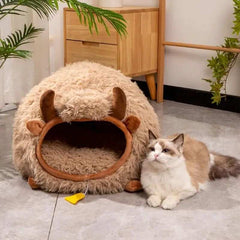 Cozy Plush Farmhouse Cat Cave Bed | Higooga