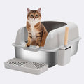 Extra - Large Semi - Enclosed Stainless Steel Litter Box with Splash Guard Design | Higooga