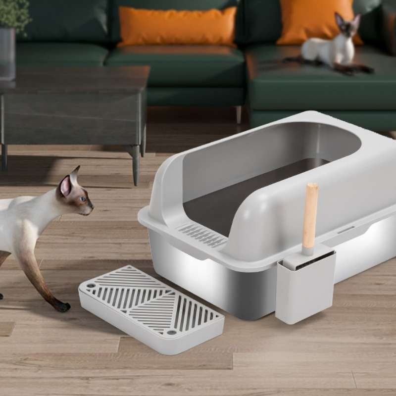 Extra - Large Semi - Enclosed Stainless Steel Litter Box with Splash Guard Design | Higooga